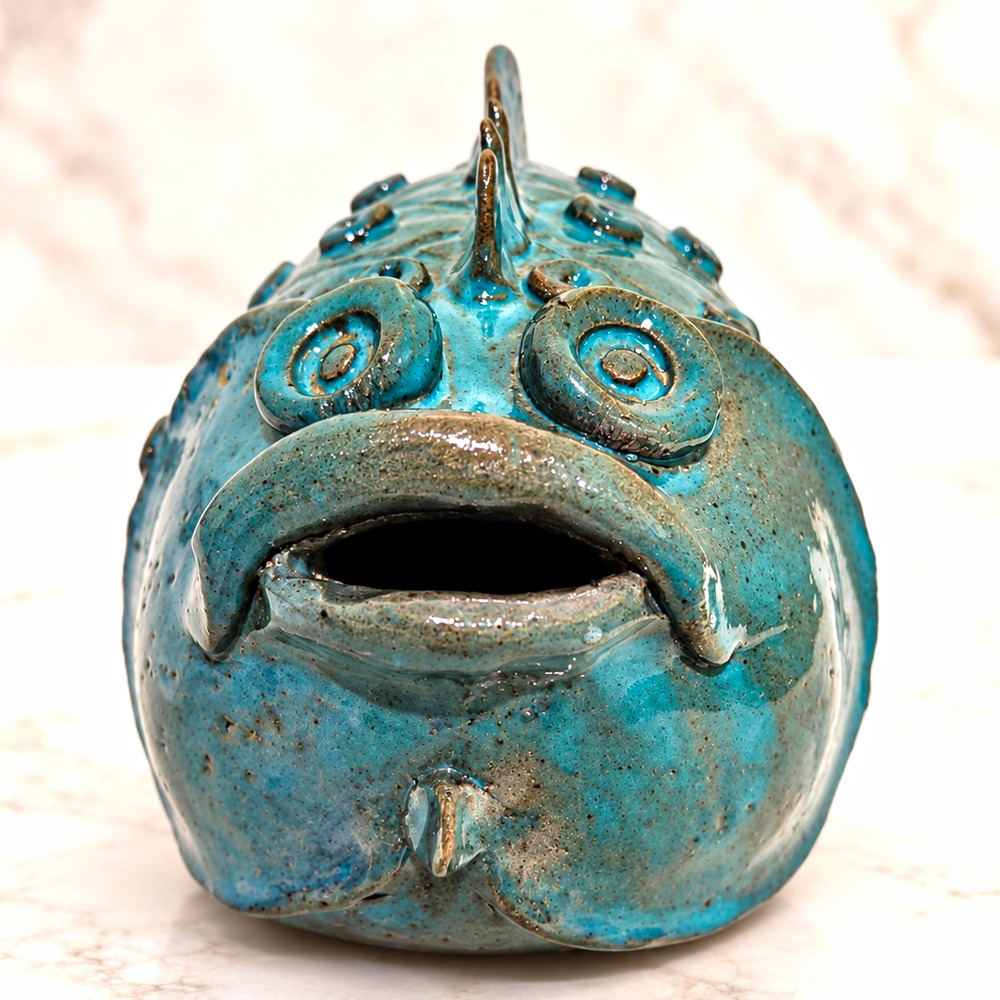 Vintage 1992 Signed Studio Pottery Fish Sculpture Turquoise Blue Folk Art